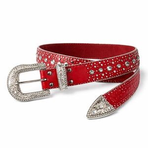 Elegant Red Studded Belt with Ornate Silver Buckle NWT